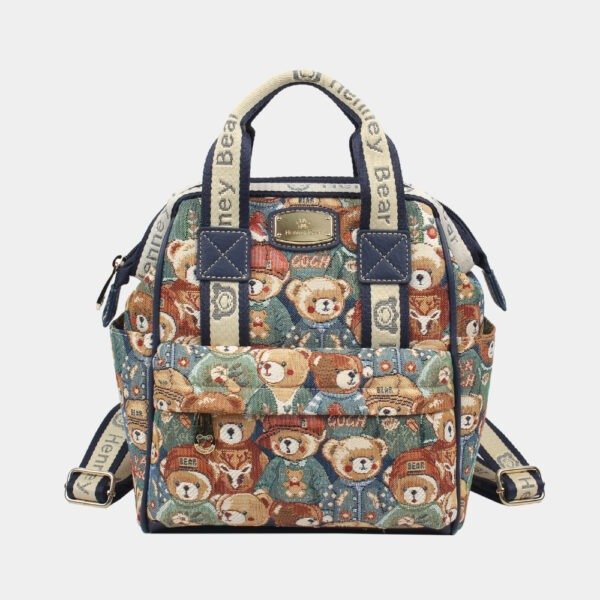 tapestry design of adorable bears, this designer compact backpack is good for day trips.