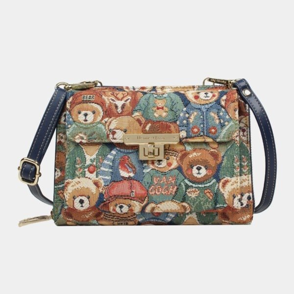 A selection of crossbody bags adorned with diverse tapestry designs from Henney Bear's women's handbag collection